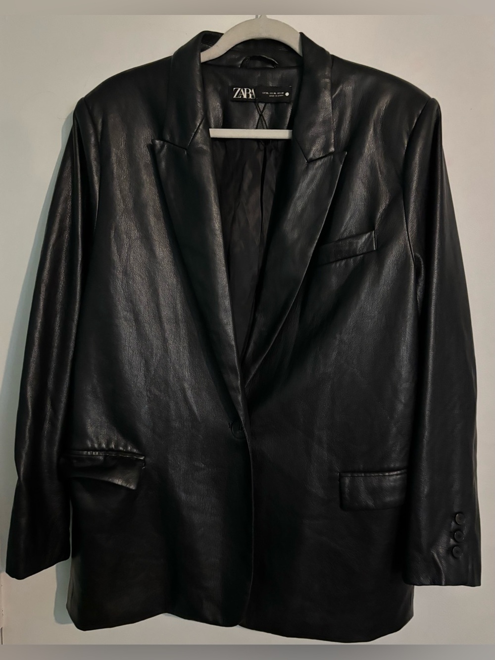 Zara Womens Black Faux Leather Blazer Jacket Notch Shawl Collar Sz XL 1 Button